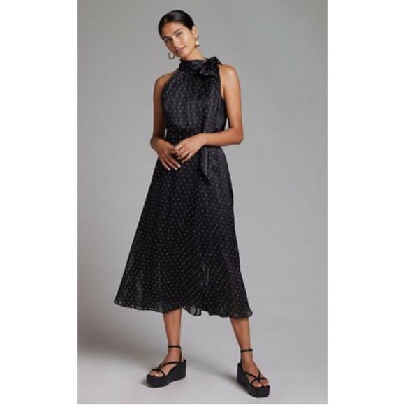 Anthropologie Sachin & Babi Black Polka Dot Halter Midi Dress Casual Wardrobe 12 - Picture 1 of 16